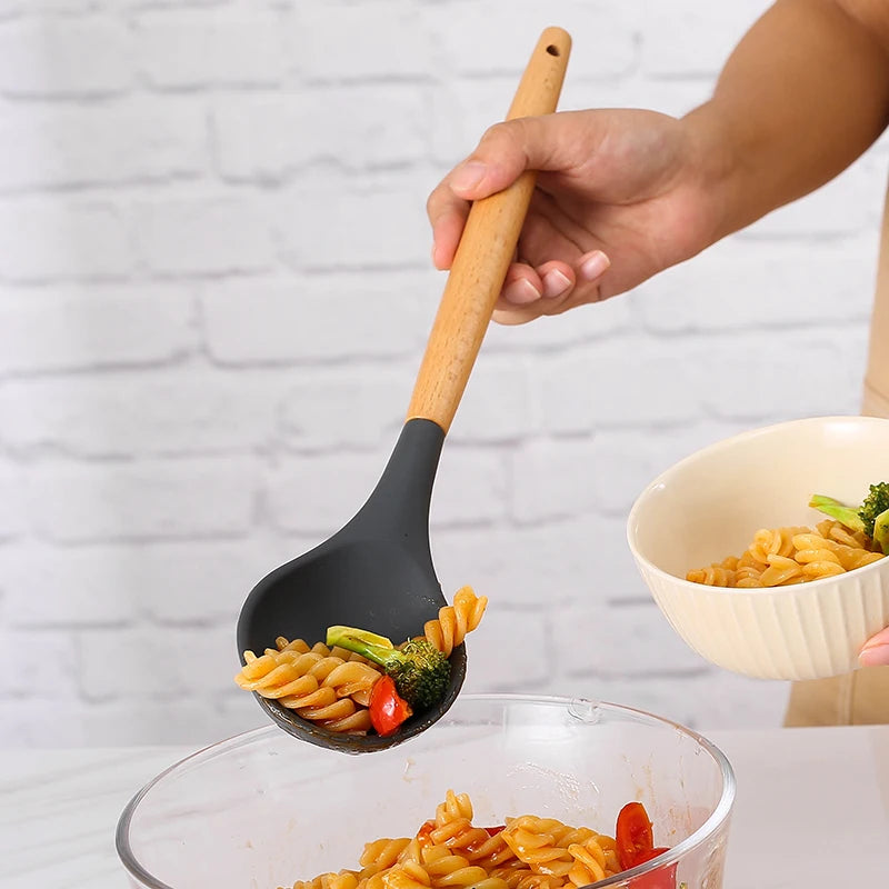 Kitchen Silicone Wooden Handle Kitchenware, Pot Shovel, Soup Spoon, Leaky Spoon, Cooking Tools, Kitchenware, Tableware