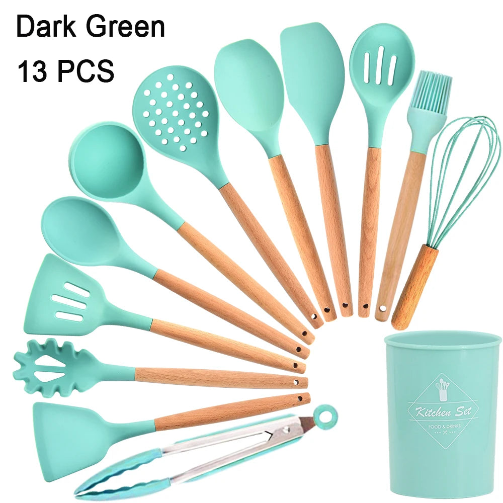 Kitchen Utensils Set Silicone Cookware Eco-Friendly Wood Handle Kitchen Cooking Tool Grey Spatula Turner Ladle Kitchenware