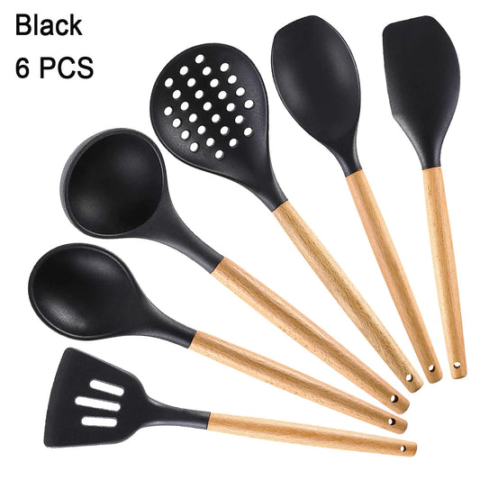 Kitchen Utensils Set Silicone Cookware Eco-Friendly Wood Handle Kitchen Cooking Tool Grey Spatula Turner Ladle Kitchenware