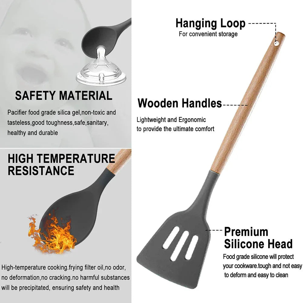 Kitchen Utensils Set Silicone Cookware Eco-Friendly Wood Handle Kitchen Cooking Tool Grey Spatula Turner Ladle Kitchenware