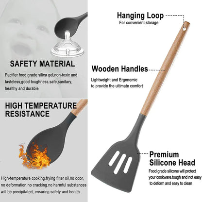 Kitchen Utensils Set Silicone Cookware Eco-Friendly Wood Handle Kitchen Cooking Tool Grey Spatula Turner Ladle Kitchenware