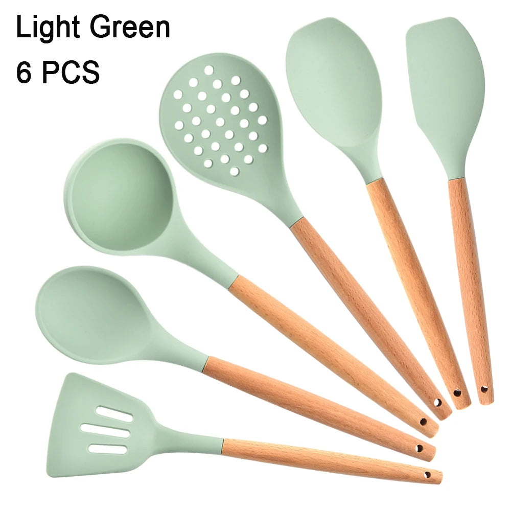 Kitchen Utensils Set Silicone Cookware Eco-Friendly Wood Handle Kitchen Cooking Tool Grey Spatula Turner Ladle Kitchenware