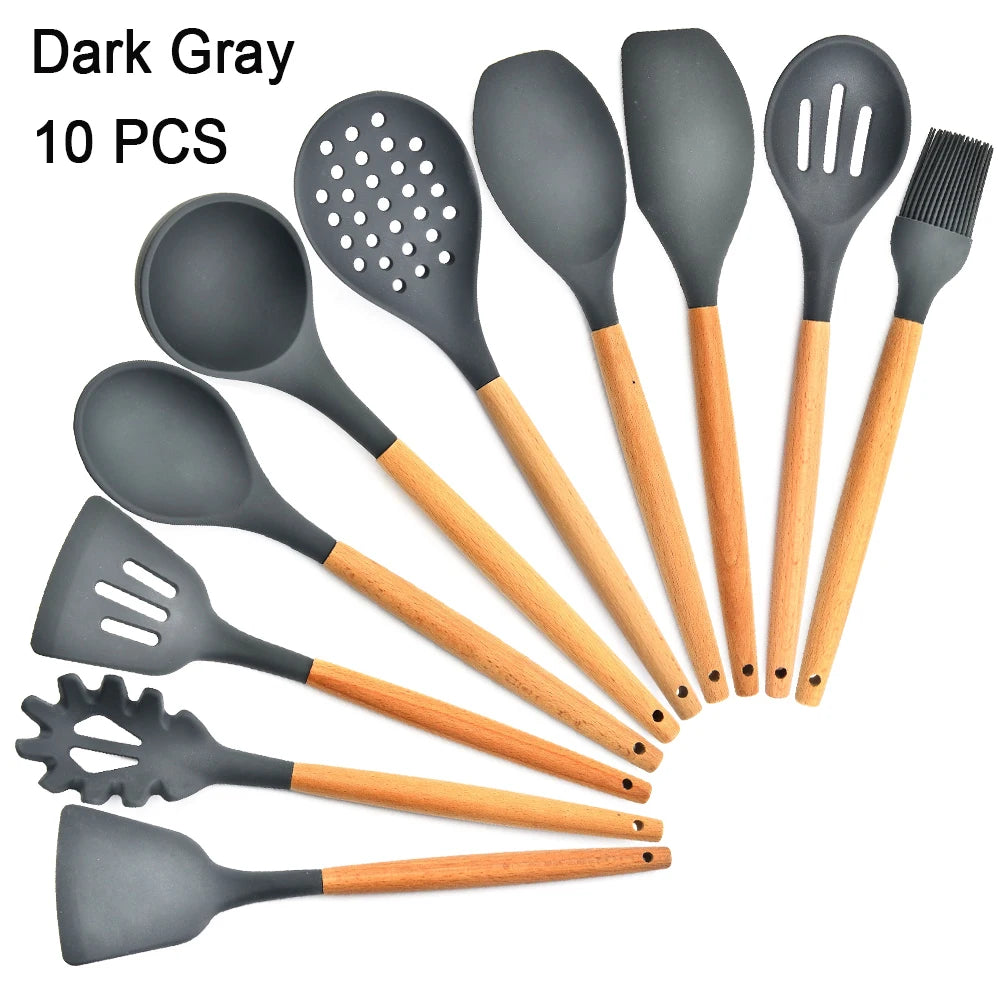 Kitchen Utensils Set Silicone Cookware Eco-Friendly Wood Handle Kitchen Cooking Tool Grey Spatula Turner Ladle Kitchenware