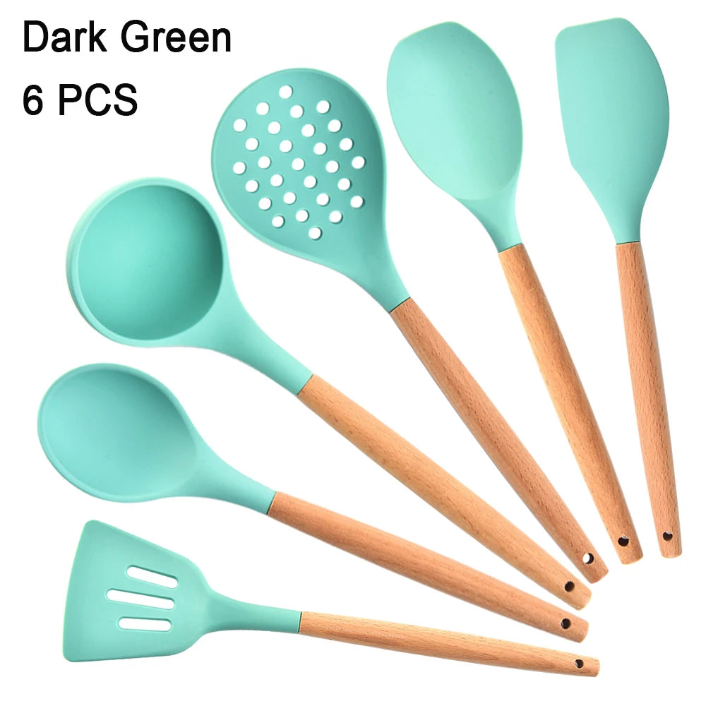 Kitchen Utensils Set Silicone Cookware Eco-Friendly Wood Handle Kitchen Cooking Tool Grey Spatula Turner Ladle Kitchenware