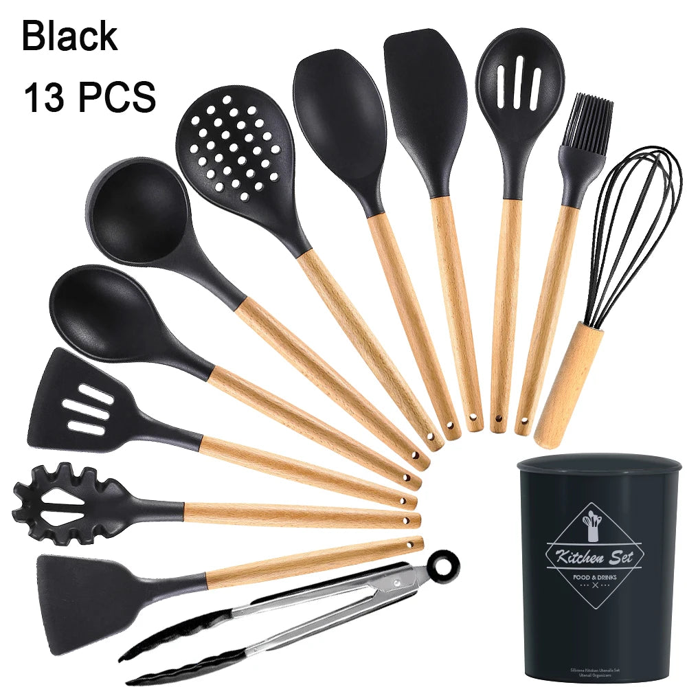 Kitchen Utensils Set Silicone Cookware Eco-Friendly Wood Handle Kitchen Cooking Tool Grey Spatula Turner Ladle Kitchenware