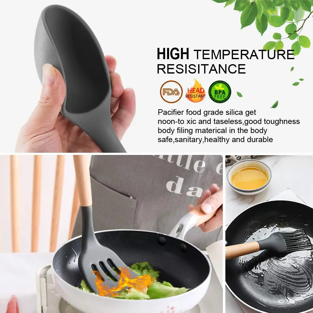 Kitchen Utensils Set Silicone Cookware Eco-Friendly Wood Handle Kitchen Cooking Tool Grey Spatula Turner Ladle Kitchenware