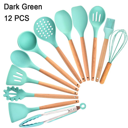 Kitchen Utensils Set Silicone Cookware Eco-Friendly Wood Handle Kitchen Cooking Tool Grey Spatula Turner Ladle Kitchenware