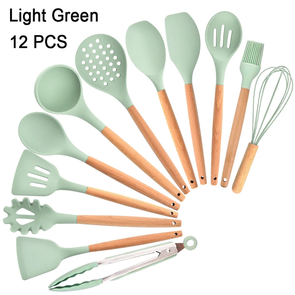 Kitchen Utensils Set Silicone Cookware Eco-Friendly Wood Handle Kitchen Cooking Tool Grey Spatula Turner Ladle Kitchenware