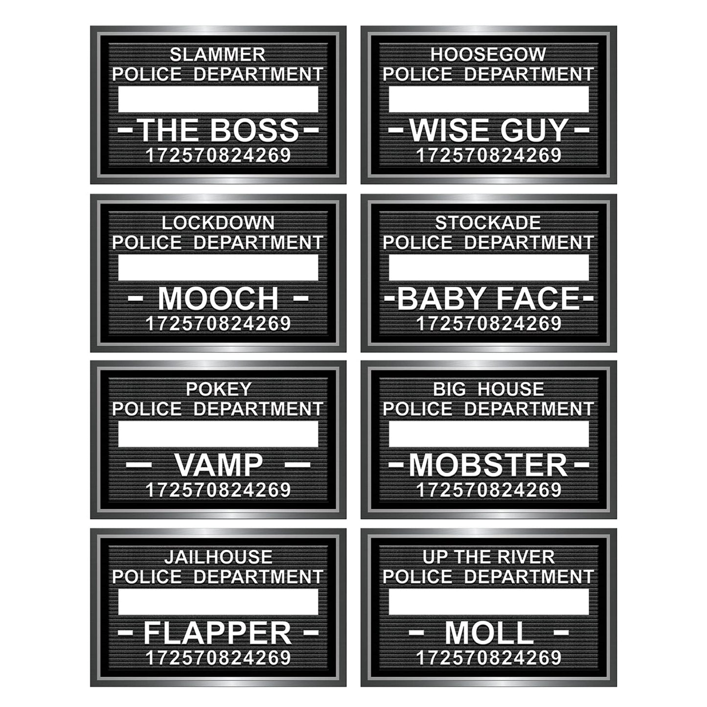 Mug Shot Roaring 20's Photo Booth Fun Signs, Black/White, 8 Ct.