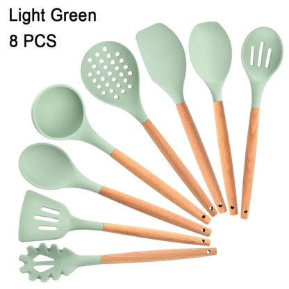 Kitchen Utensils Set Silicone Cookware Eco-Friendly Wood Handle Kitchen Cooking Tool Grey Spatula Turner Ladle Kitchenware