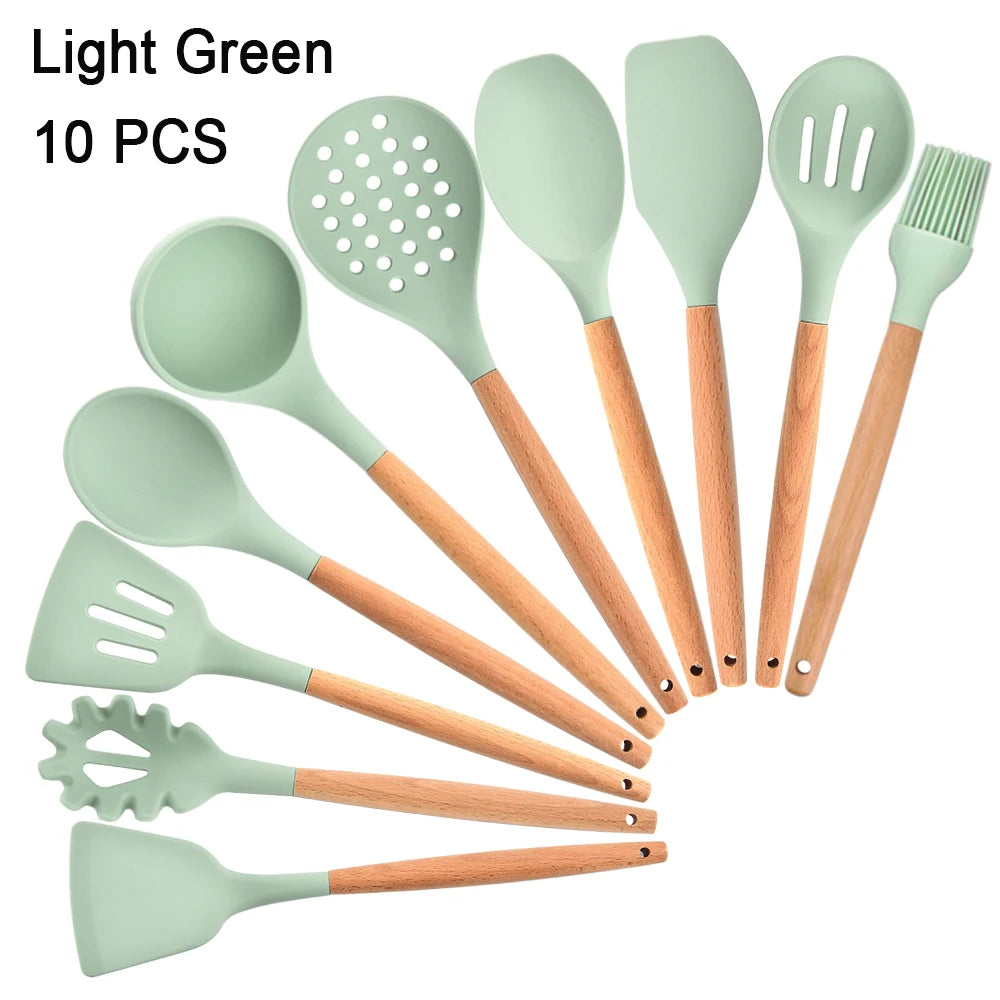 Kitchen Utensils Set Silicone Cookware Eco-Friendly Wood Handle Kitchen Cooking Tool Grey Spatula Turner Ladle Kitchenware