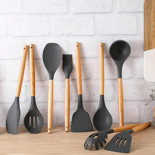 Kitchen Silicone Wooden Handle Kitchenware, Pot Shovel, Soup Spoon, Leaky Spoon, Cooking Tools, Kitchenware, Tableware