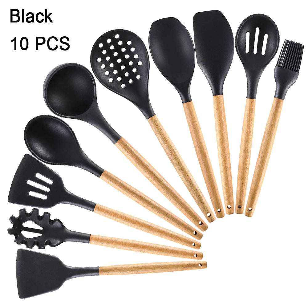 Kitchen Utensils Set Silicone Cookware Eco-Friendly Wood Handle Kitchen Cooking Tool Grey Spatula Turner Ladle Kitchenware