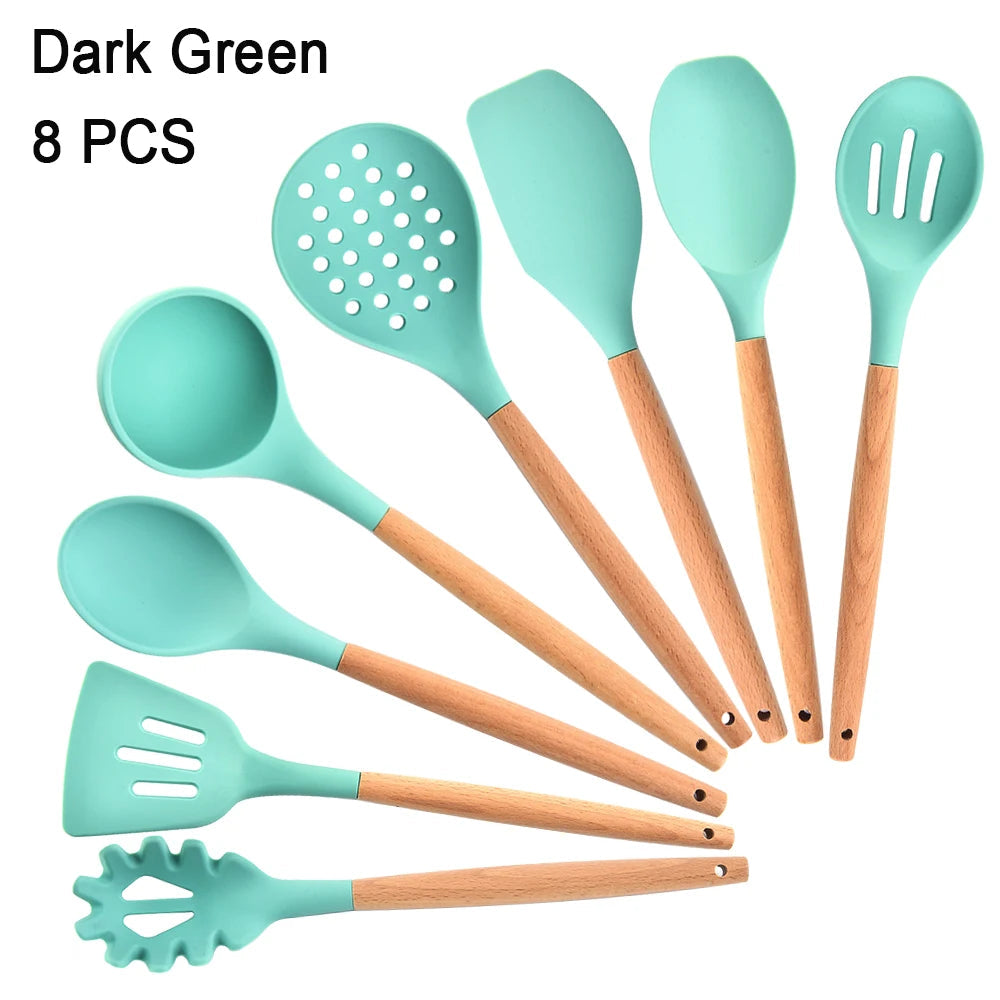 Kitchen Utensils Set Silicone Cookware Eco-Friendly Wood Handle Kitchen Cooking Tool Grey Spatula Turner Ladle Kitchenware