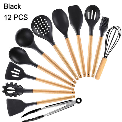 Kitchen Utensils Set Silicone Cookware Eco-Friendly Wood Handle Kitchen Cooking Tool Grey Spatula Turner Ladle Kitchenware