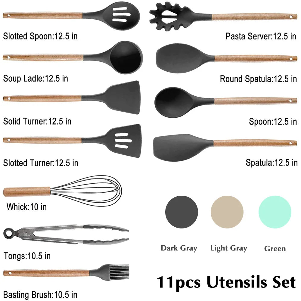 Kitchen Utensils Set Silicone Cookware Eco-Friendly Wood Handle Kitchen Cooking Tool Grey Spatula Turner Ladle Kitchenware