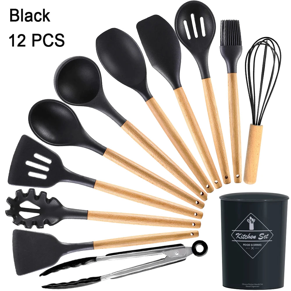 Kitchen Utensils Set Silicone Cookware Eco-Friendly Wood Handle Kitchen Cooking Tool Grey Spatula Turner Ladle Kitchenware