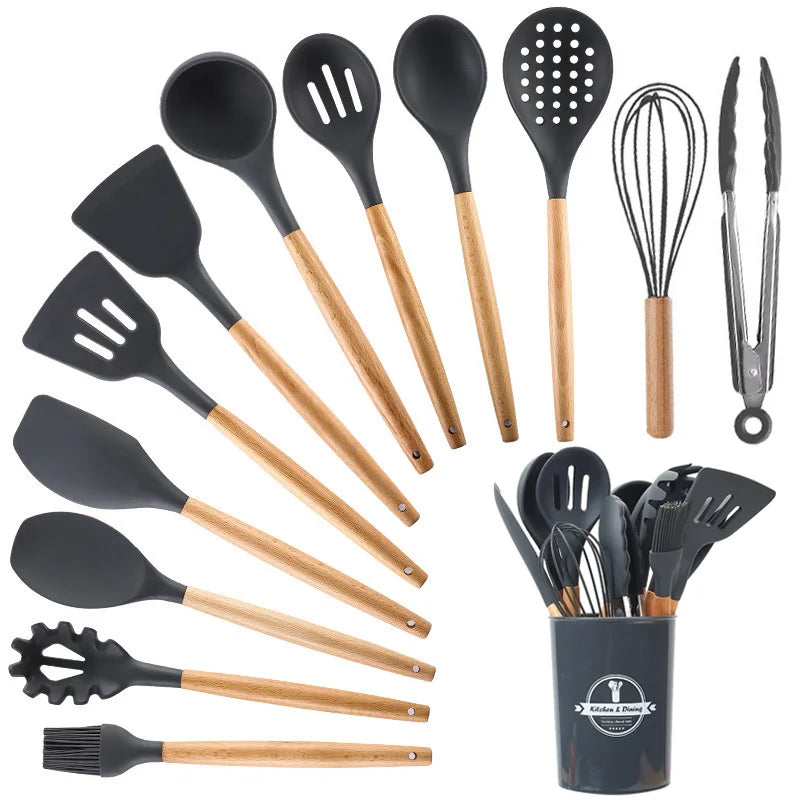 Kitchen Utensils Set Silicone Cookware Eco-Friendly Wood Handle Kitchen Cooking Tool Grey Spatula Turner Ladle Kitchenware