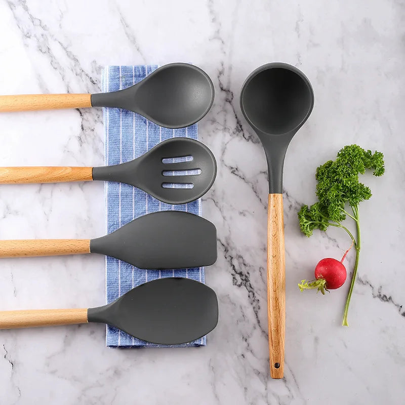 Kitchen Silicone Wooden Handle Kitchenware, Pot Shovel, Soup Spoon, Leaky Spoon, Cooking Tools, Kitchenware, Tableware