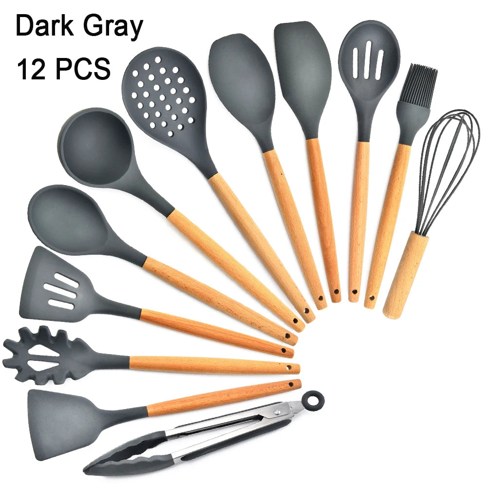 Kitchen Utensils Set Silicone Cookware Eco-Friendly Wood Handle Kitchen Cooking Tool Grey Spatula Turner Ladle Kitchenware