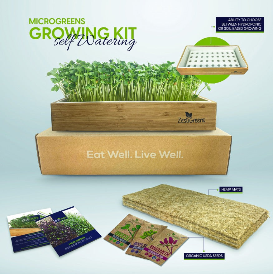 Microgreens Growing Kit Self Watering with 3 Mats & Your choice of Organic Seeds. No Soil Needed. Water Once. Ready to Eat in 7 Days.