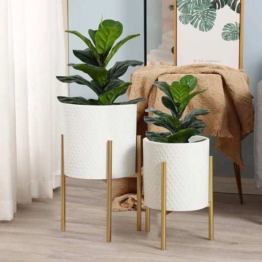 Planters for Indoor Plants Set of 2 - Indoor Plant Pots White Planter with Gold Metal Stand - Luxury Flower Pots for Indoor Plant