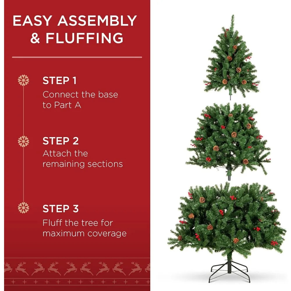 6ft Pre-Lit Pre-Decorated Spruce Hinged Artificial Christmas Tree w/ 798 Tips, 29 Pinecones, 29 Berries, 250 Lights, Metal Base