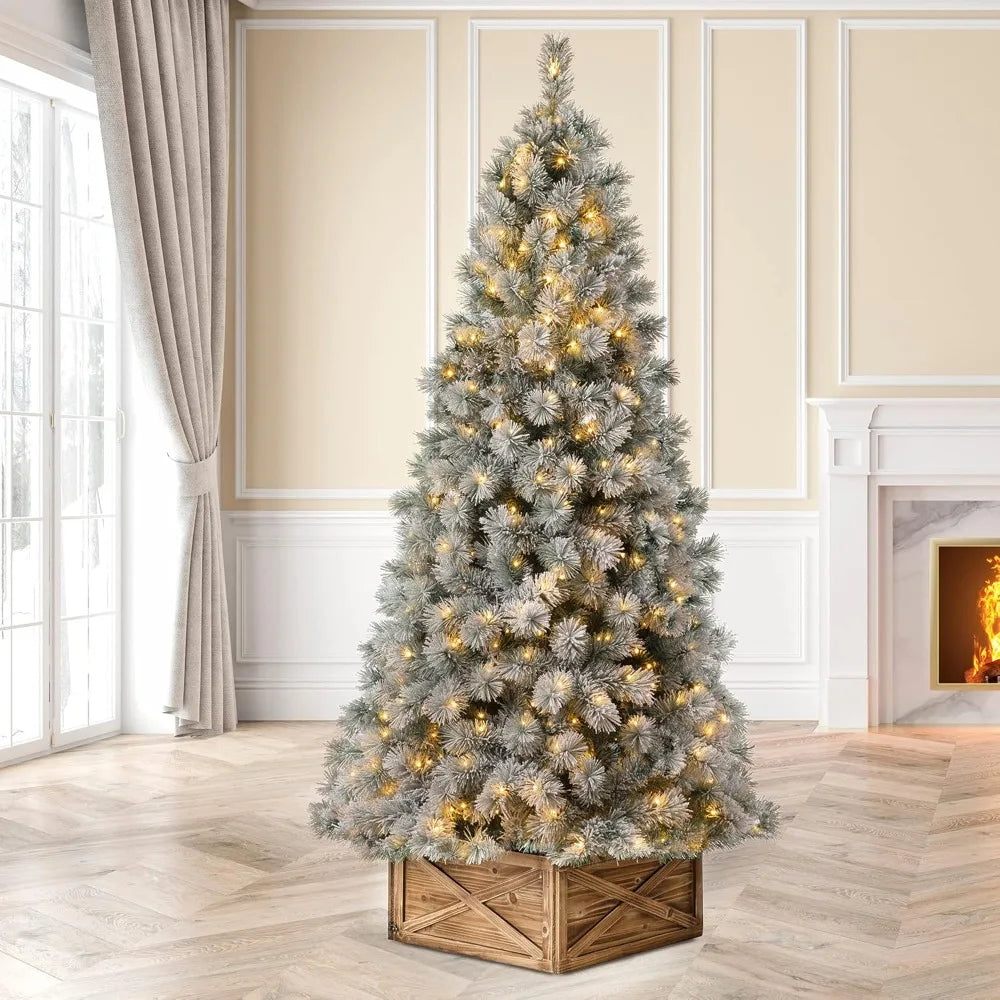 9ft Pre-lit Snow Flocked Spruce Christmas Tree wth Easy Assembly Metal Stand, Christmas Tree with 900 Warm White Lights