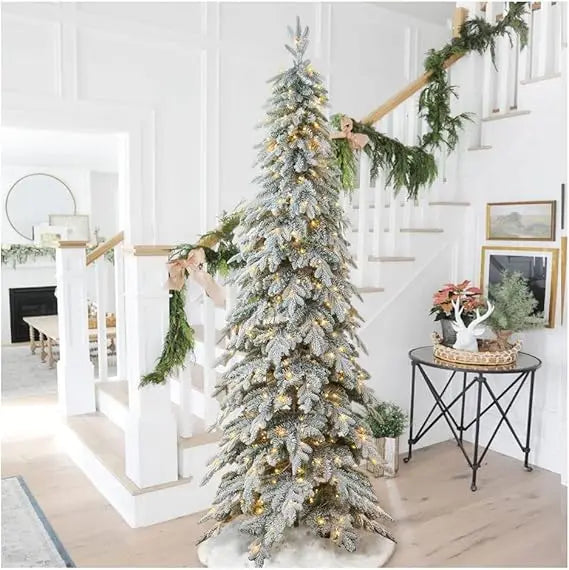 9ft Pre-lit Snow Flocked Spruce Christmas Tree wth Easy Assembly Metal Stand, Christmas Tree with 900 Warm White Lights