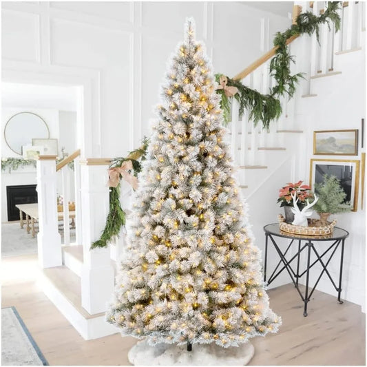 9ft Pre-lit Snow Flocked Spruce Christmas Tree wth Easy Assembly Metal Stand, Christmas Tree with 900 Warm White Lights