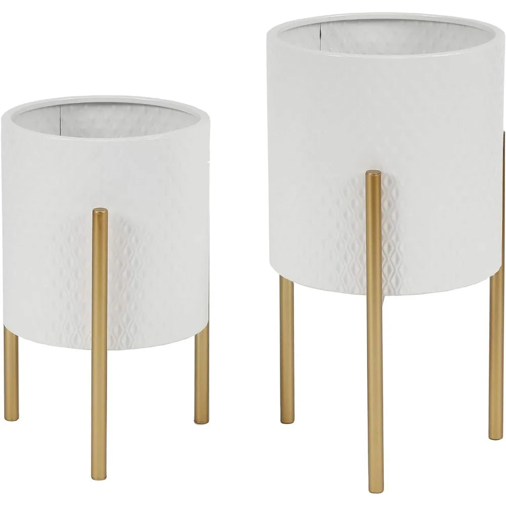 Planters for Indoor Plants Set of 2 - Indoor Plant Pots White Planter with Gold Metal Stand - Luxury Flower Pots for Indoor Plant