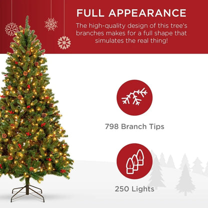 6ft Pre-Lit Pre-Decorated Spruce Hinged Artificial Christmas Tree w/ 798 Tips, 29 Pinecones, 29 Berries, 250 Lights, Metal Base