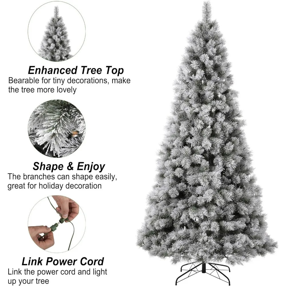 9ft Pre-lit Snow Flocked Spruce Christmas Tree wth Easy Assembly Metal Stand, Christmas Tree with 900 Warm White Lights