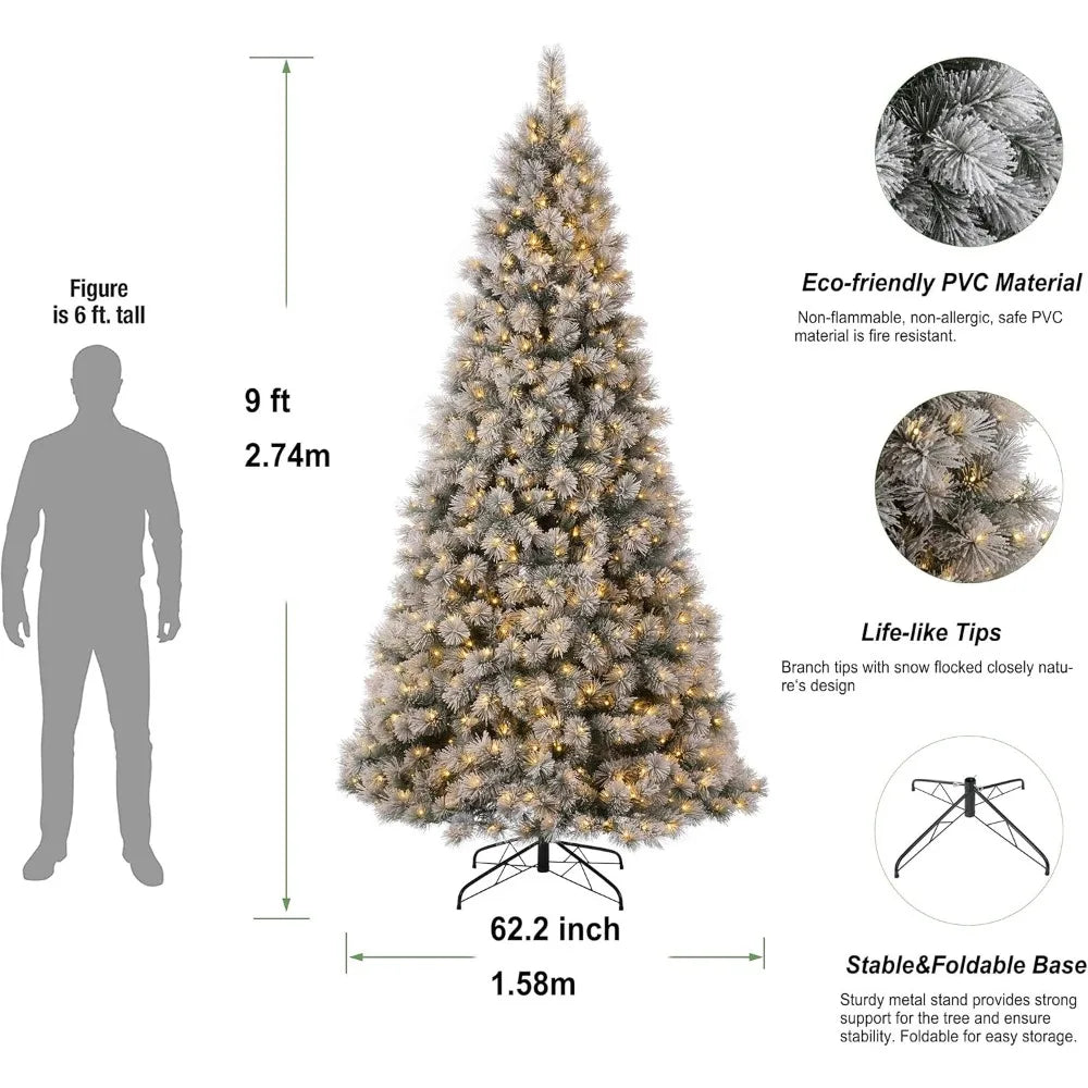 9ft Pre-lit Snow Flocked Spruce Christmas Tree wth Easy Assembly Metal Stand, Christmas Tree with 900 Warm White Lights