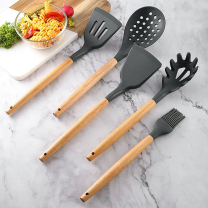 Kitchen Silicone Wooden Handle Kitchenware, Pot Shovel, Soup Spoon, Leaky Spoon, Cooking Tools, Kitchenware, Tableware