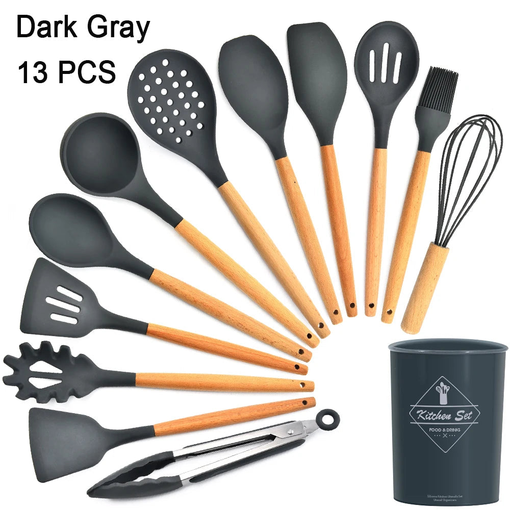 Kitchen Utensils Set Silicone Cookware Eco-Friendly Wood Handle Kitchen Cooking Tool Grey Spatula Turner Ladle Kitchenware