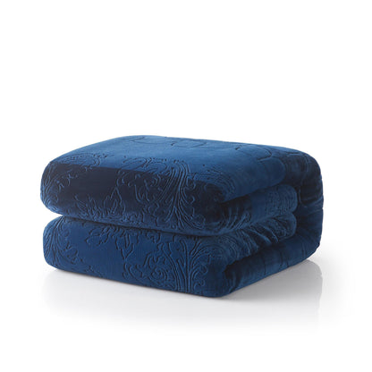 Tache Solid Embossed Cozy Night Blue Sherpa Throw Blanket
