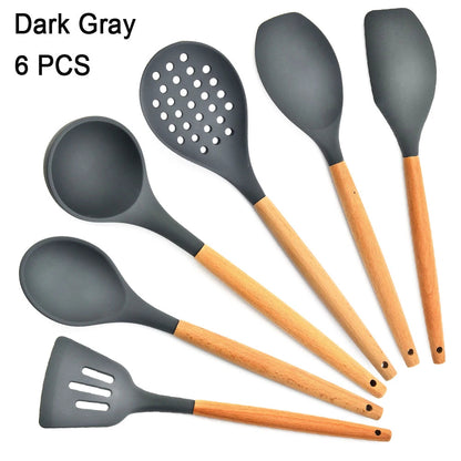 Kitchen Utensils Set Silicone Cookware Eco-Friendly Wood Handle Kitchen Cooking Tool Grey Spatula Turner Ladle Kitchenware