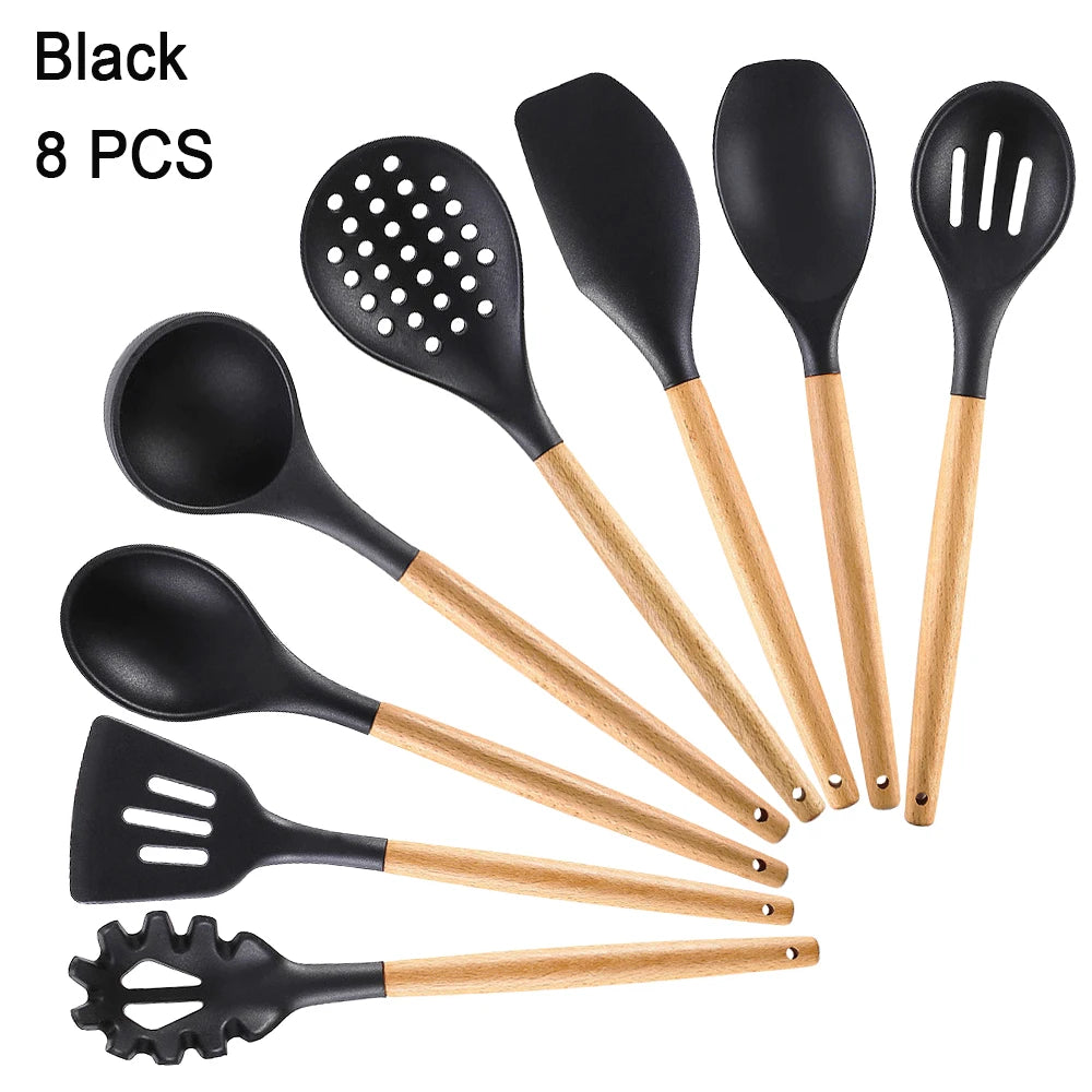 Kitchen Utensils Set Silicone Cookware Eco-Friendly Wood Handle Kitchen Cooking Tool Grey Spatula Turner Ladle Kitchenware