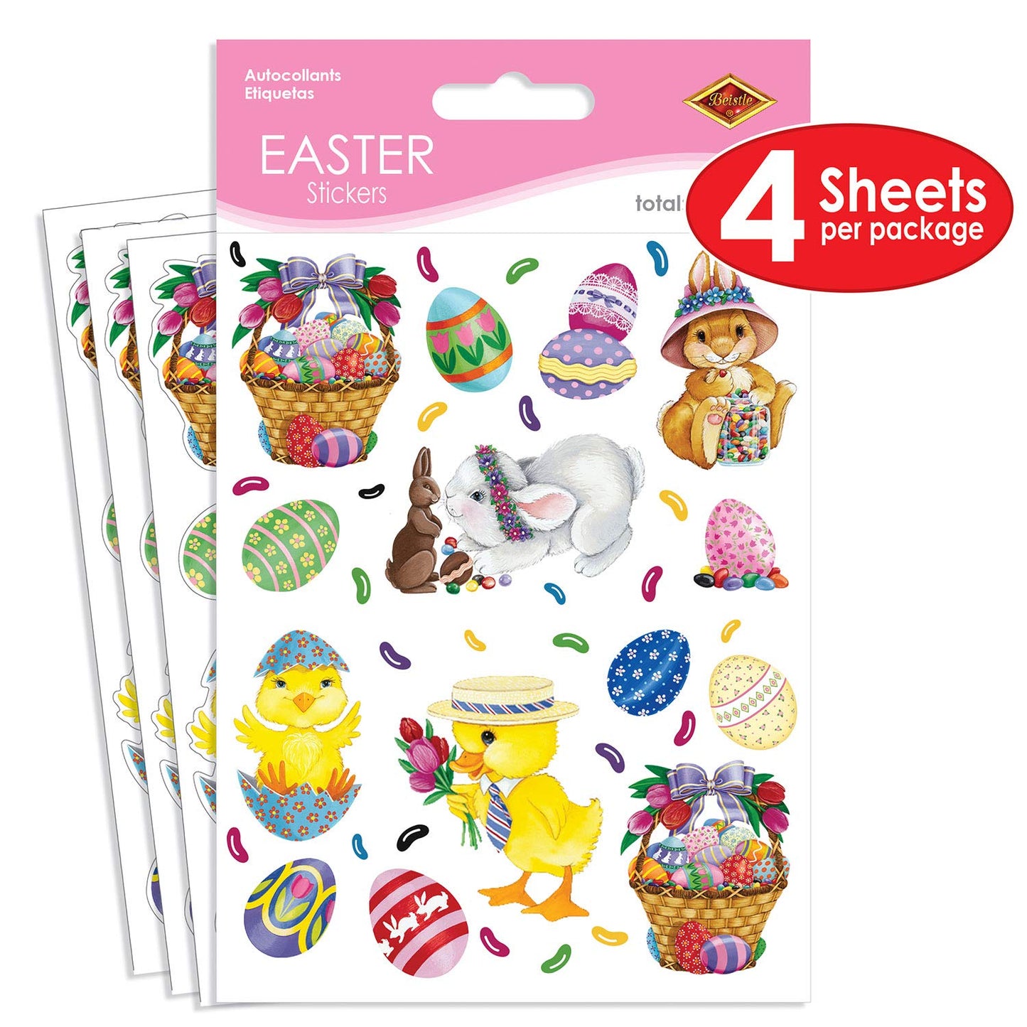4-Pack Bunny Basket and Egg Stickers Sheet for Parties
