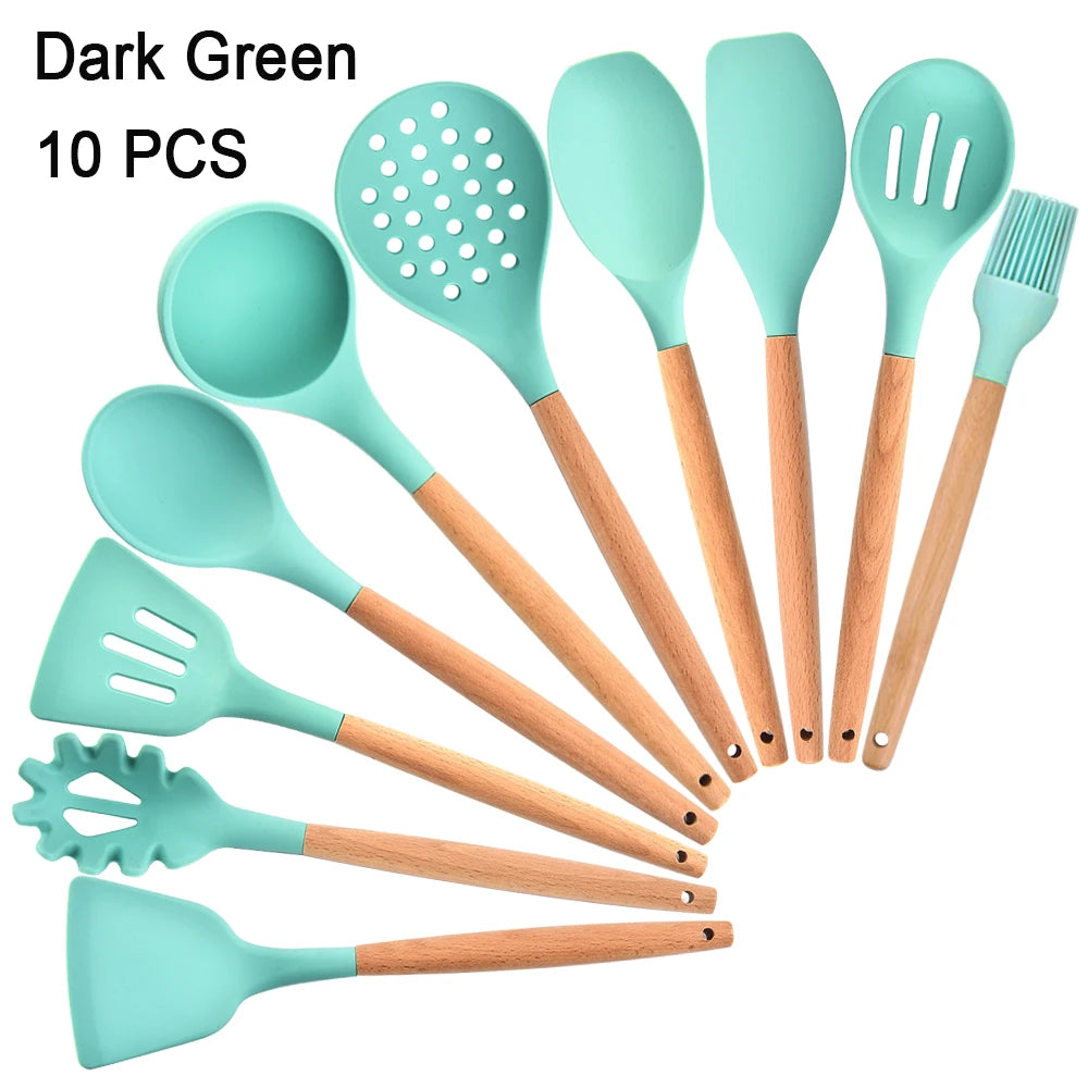 Kitchen Utensils Set Silicone Cookware Eco-Friendly Wood Handle Kitchen Cooking Tool Grey Spatula Turner Ladle Kitchenware