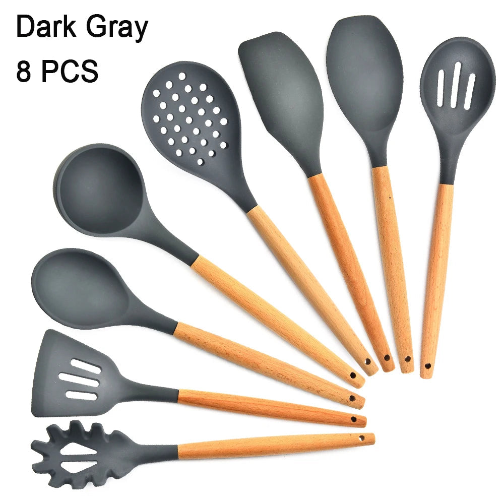 Kitchen Utensils Set Silicone Cookware Eco-Friendly Wood Handle Kitchen Cooking Tool Grey Spatula Turner Ladle Kitchenware