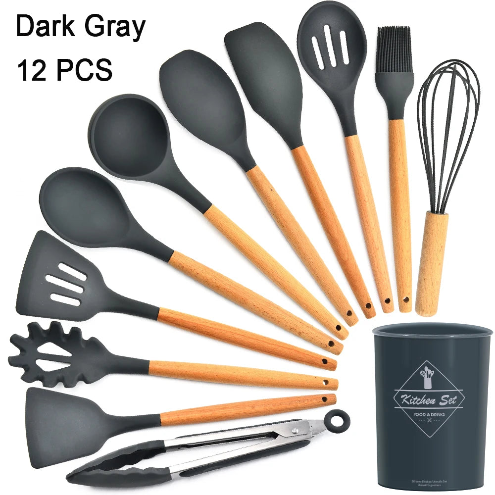 Kitchen Utensils Set Silicone Cookware Eco-Friendly Wood Handle Kitchen Cooking Tool Grey Spatula Turner Ladle Kitchenware